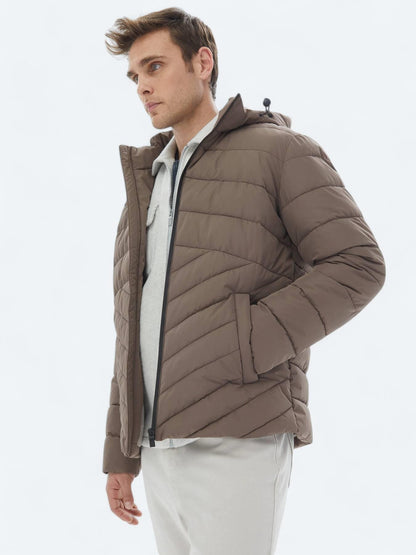 Bej Regular Fit Kapüşonlu Casual Dokuma Mont