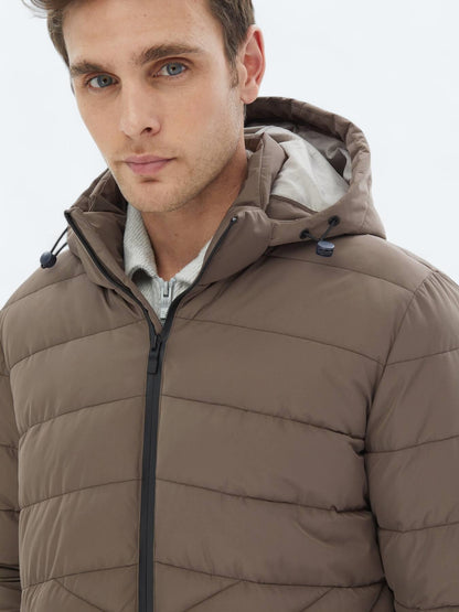 Bej Regular Fit Kapüşonlu Casual Dokuma Mont