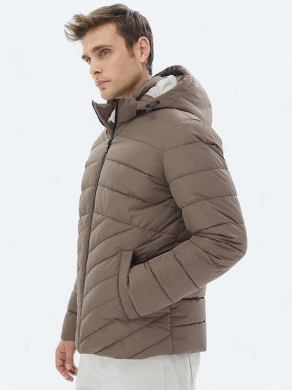 Bej Regular Fit Kapüşonlu Casual Dokuma Mont