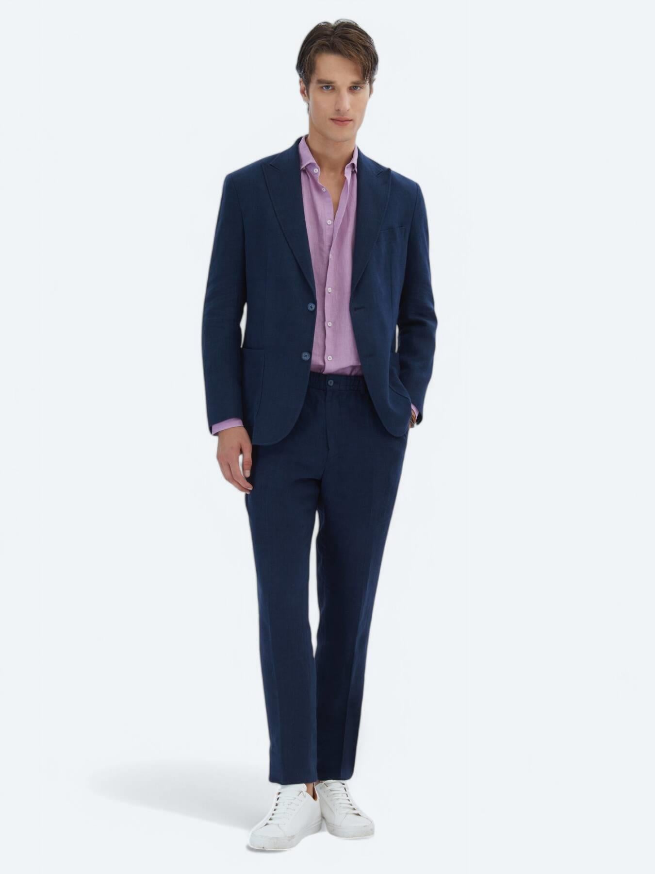 Lacivert Düz Modern Fit %100 Keten Takım Elbise