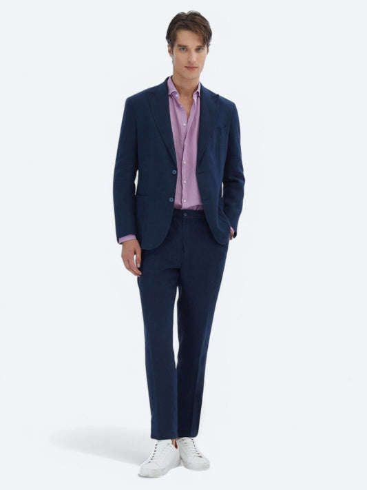 Lacivert Düz Modern Fit %100 Keten Takım Elbise