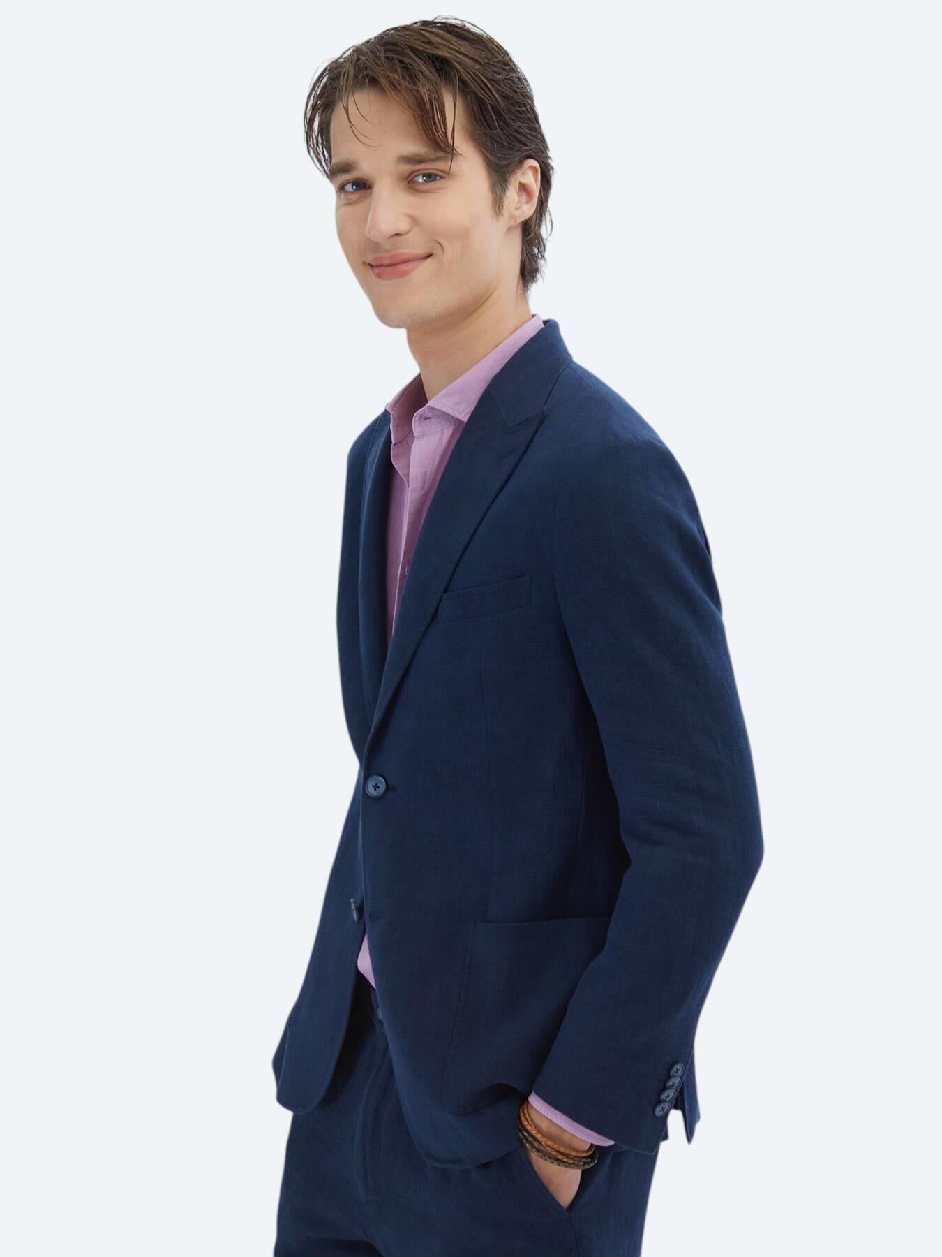 Lacivert Düz Modern Fit %100 Keten Takım Elbise
