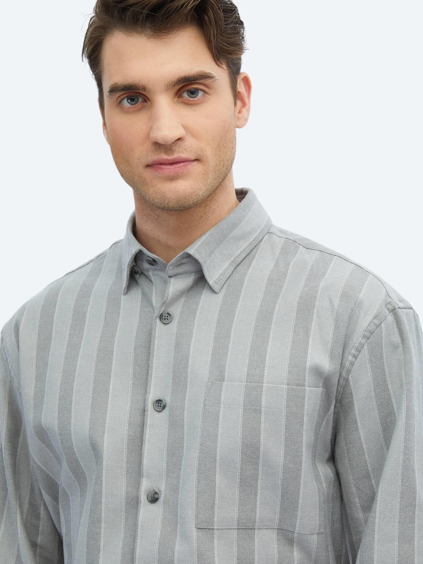 Gri Çizgili Oversize Fit Uzun Dokuma Casual Pamuk Karışımlı Gömlek
