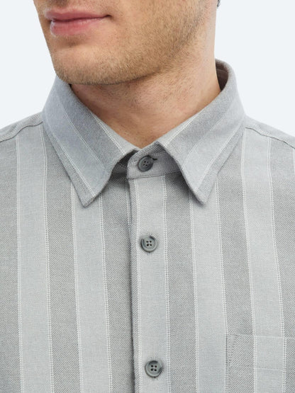 Gri Çizgili Oversize Fit Uzun Dokuma Casual Pamuk Karışımlı Gömlek