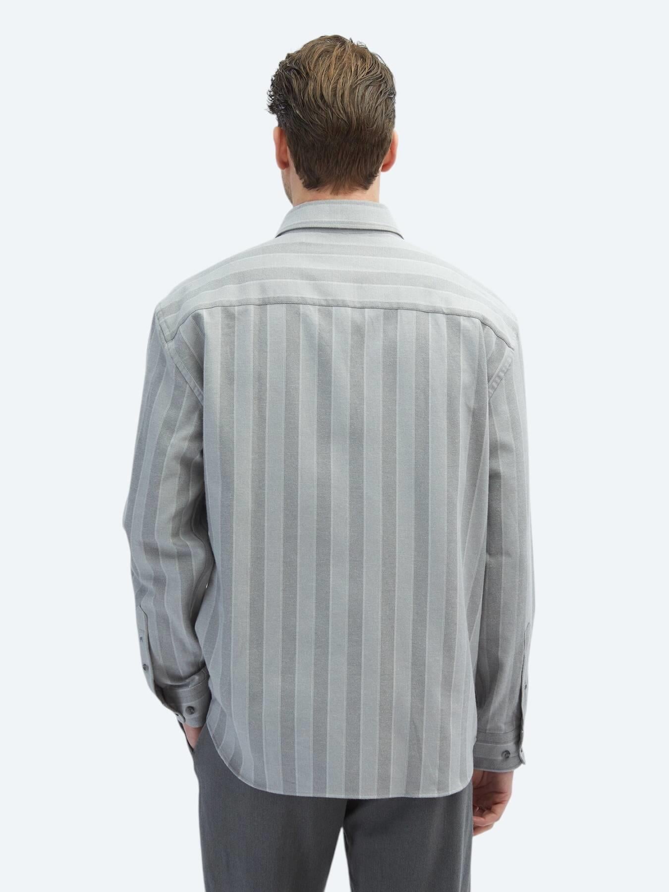 Gri Çizgili Oversize Fit Uzun Dokuma Casual Pamuk Karışımlı Gömlek