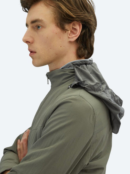Gri Regular Fit Gizli Kapüşon Casual Dokuma Çift Taraflı Mont