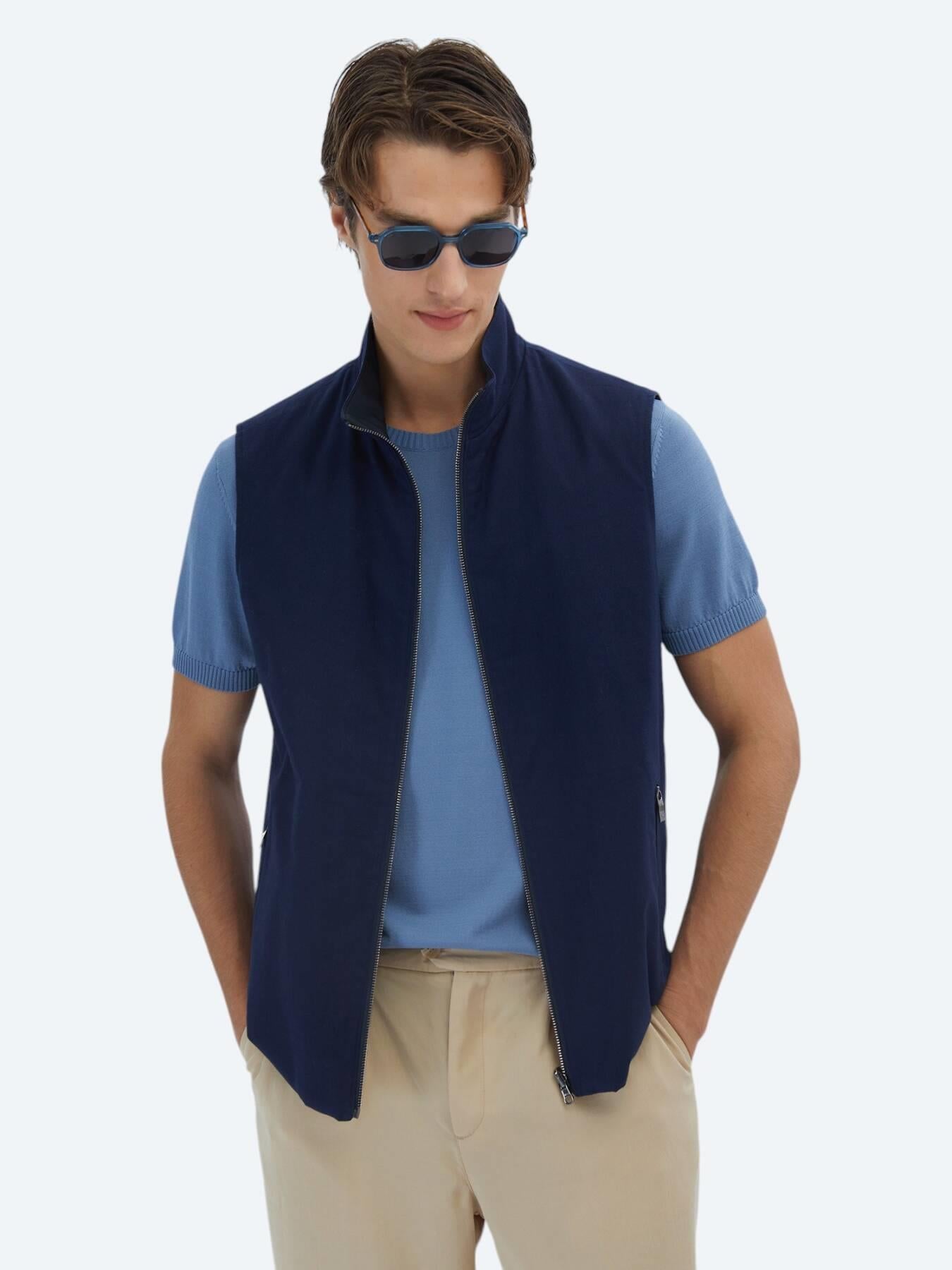 Lacivert Regular Fit Dik Yaka Casual Dokuma Spor Yelek