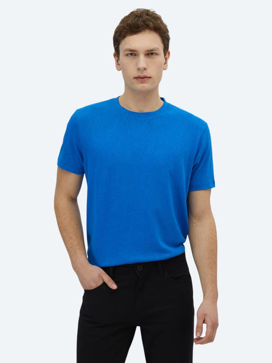 Saks Düz Bisiklet Yaka Pamuk Karışımlı T-shirt