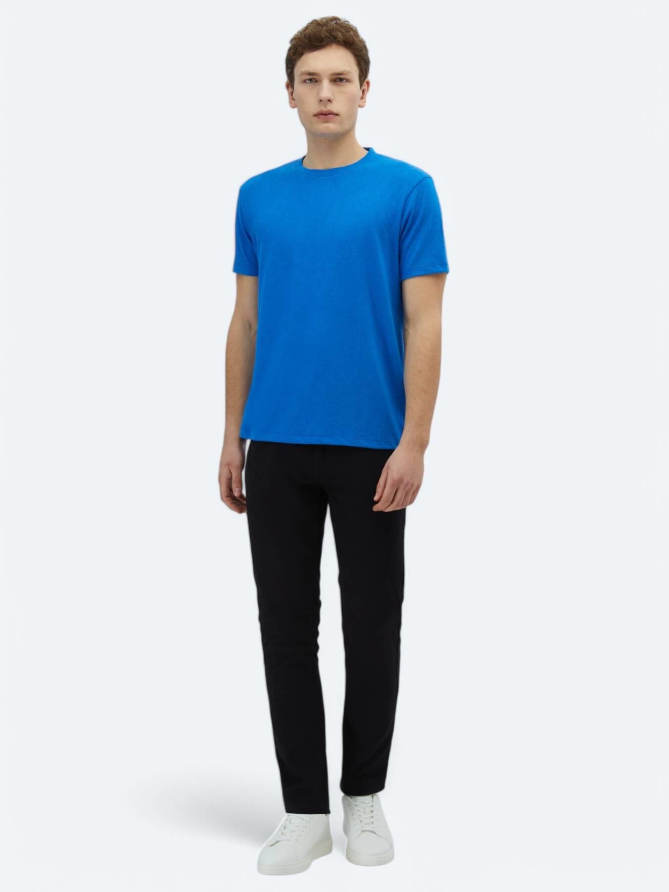 Saks Düz Bisiklet Yaka Pamuk Karışımlı T-shirt