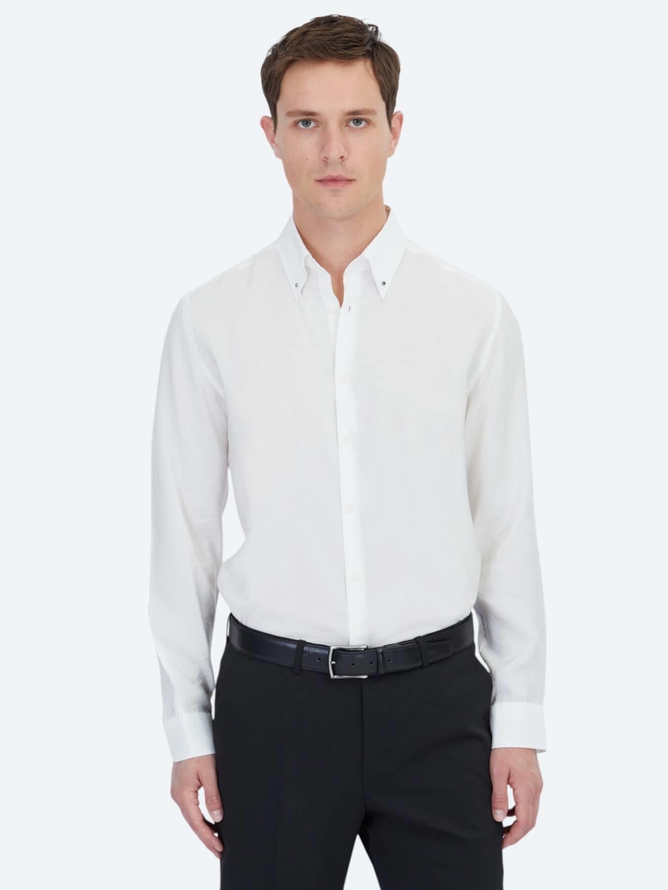 Beyaz Regular Fit Uzun Dokuma Casual Gömlek
