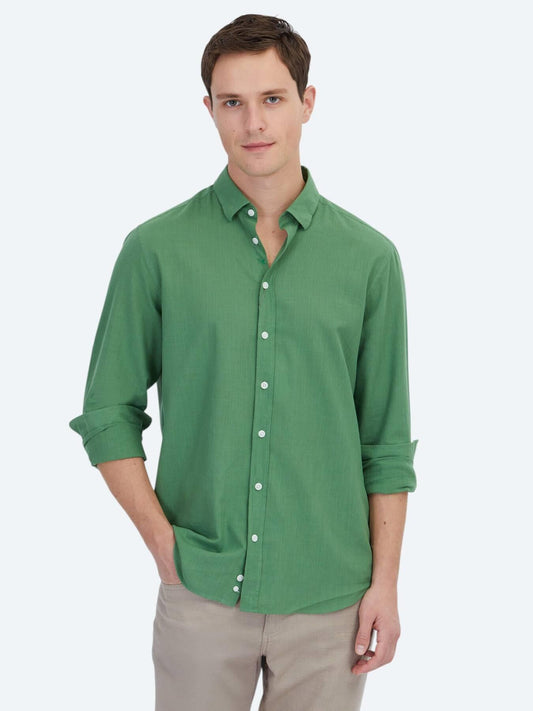 Fıstık Yeşili Düz Regular Fit Uzun Dokuma Casual %100 Pamuk Gömlek