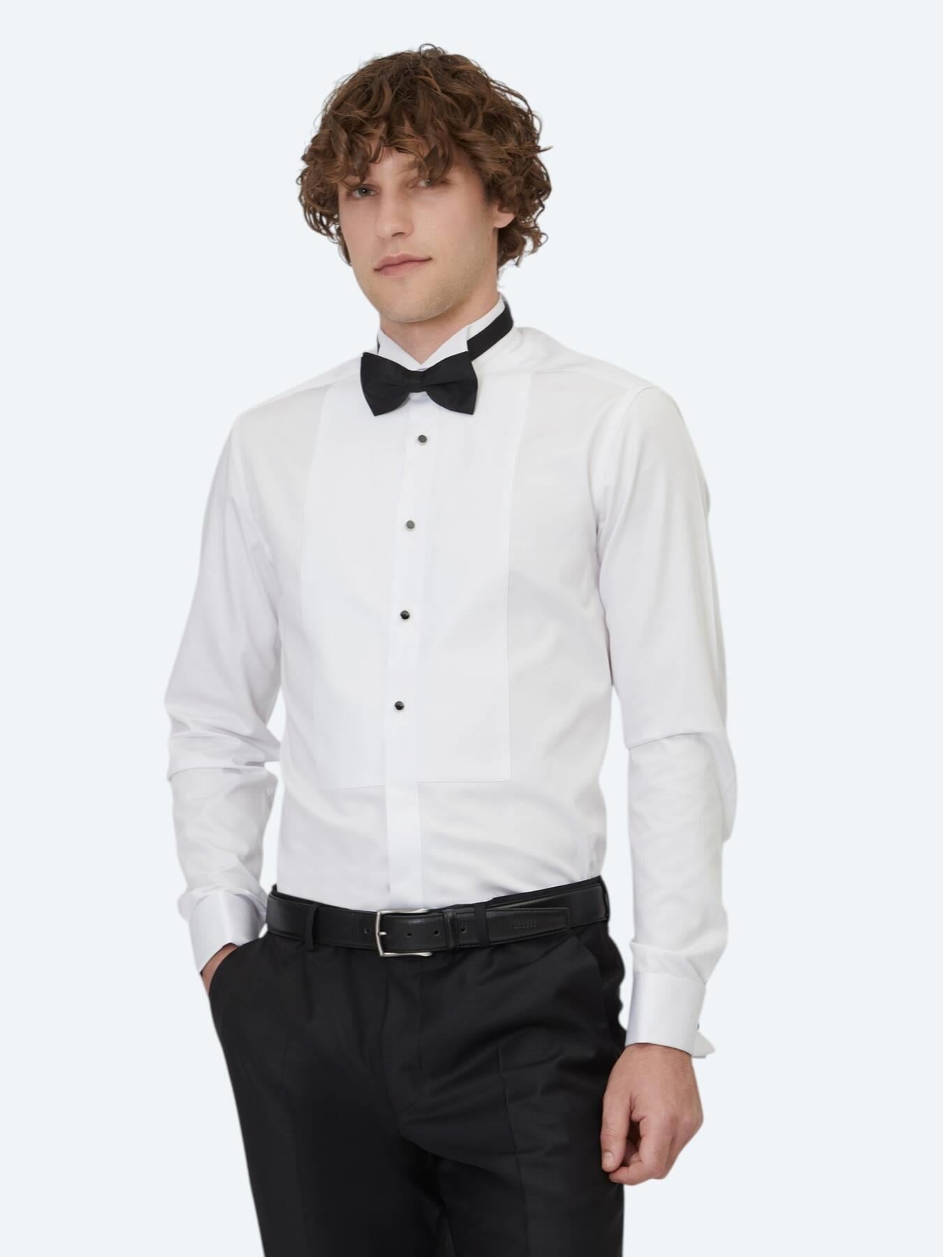 Beyaz Düz Slim Fit Duble Manşet Ata Yaka Smokin Gömlek