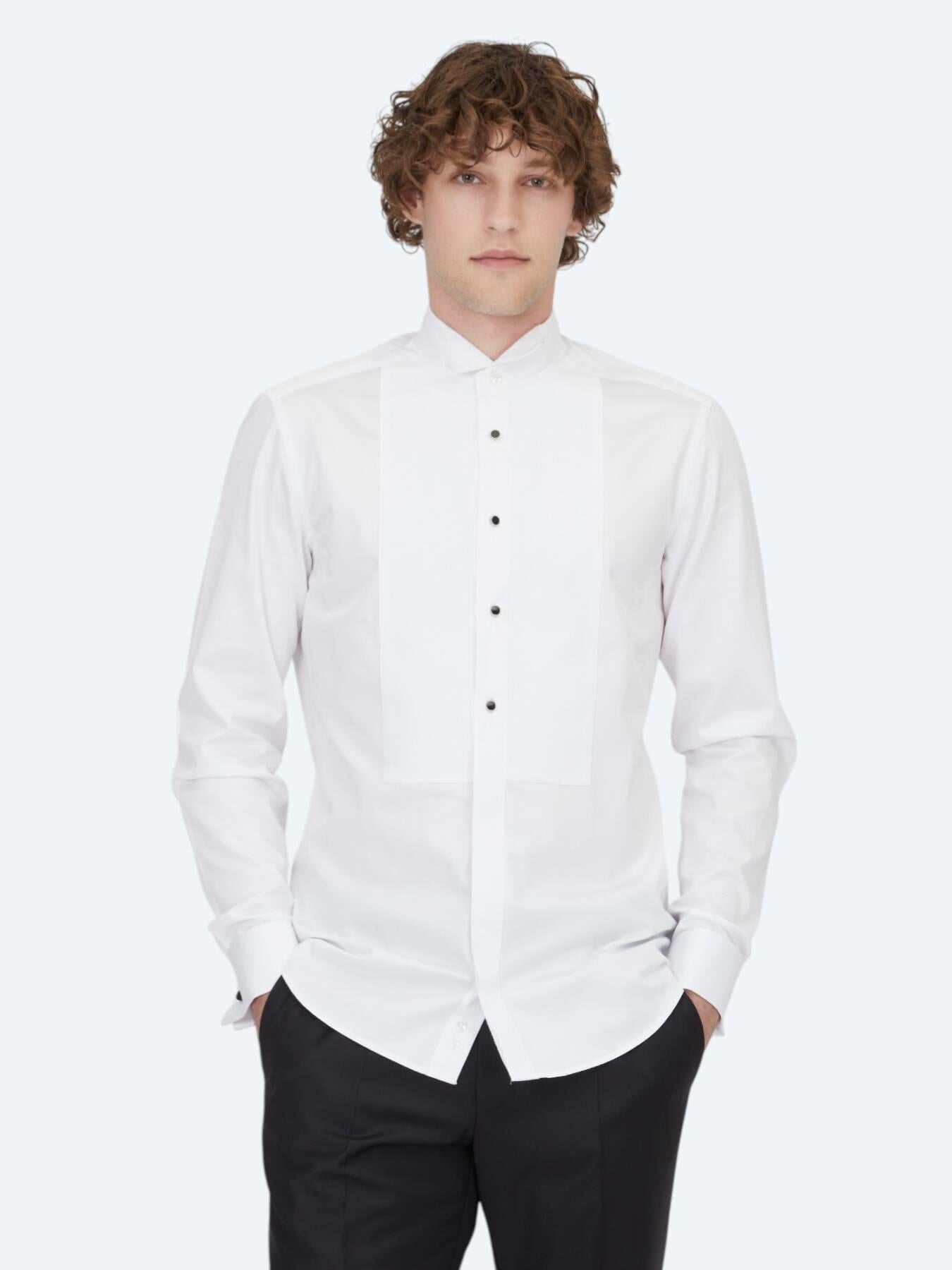 Beyaz Düz Slim Fit Duble Manşet Ata Yaka Smokin Gömlek