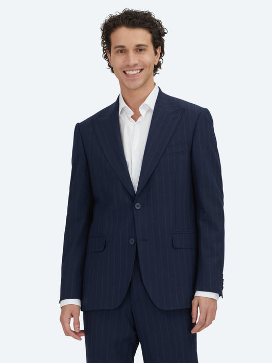 Lacivert Çizgili Modern Fit Yün Karışımlı Takım Elbise
