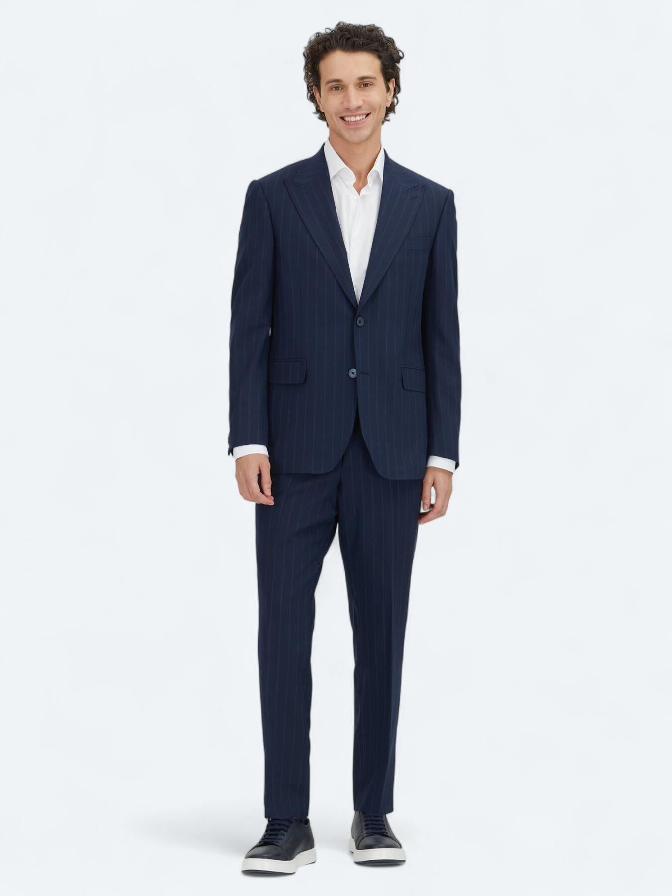 Lacivert Çizgili Modern Fit Yün Karışımlı Takım Elbise