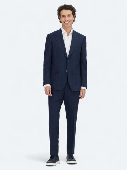 Lacivert Çizgili Modern Fit Yün Karışımlı Takım Elbise
