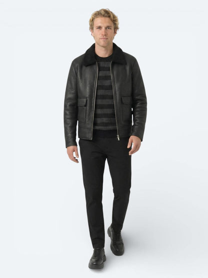 Siyah Regular Fit Gömlek Yaka Casual Dokuma Mont