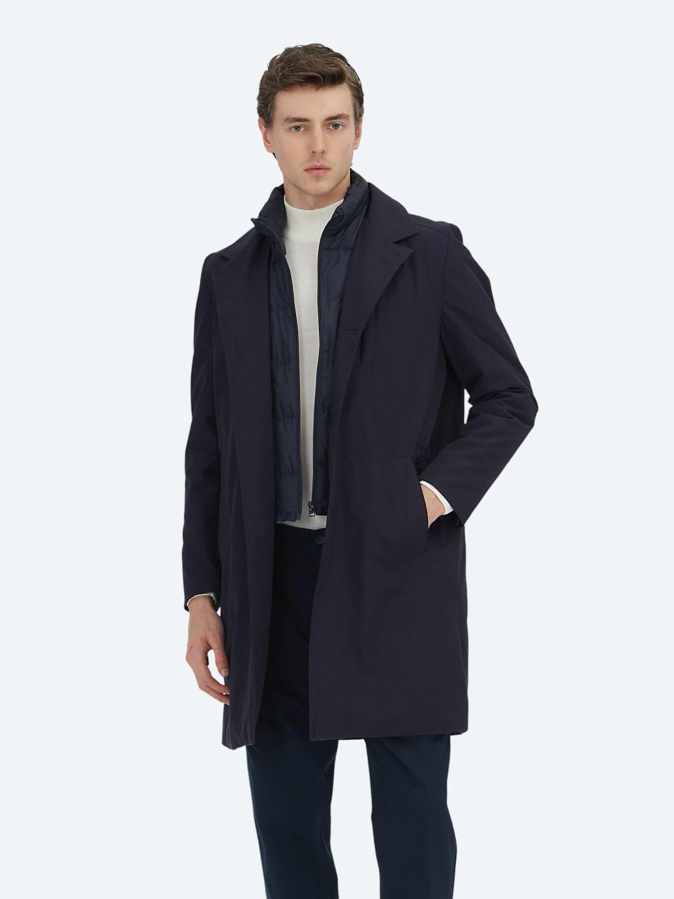 Lacivert Regular Fit Kruvaze Yaka Casual Dokuma Pardösü