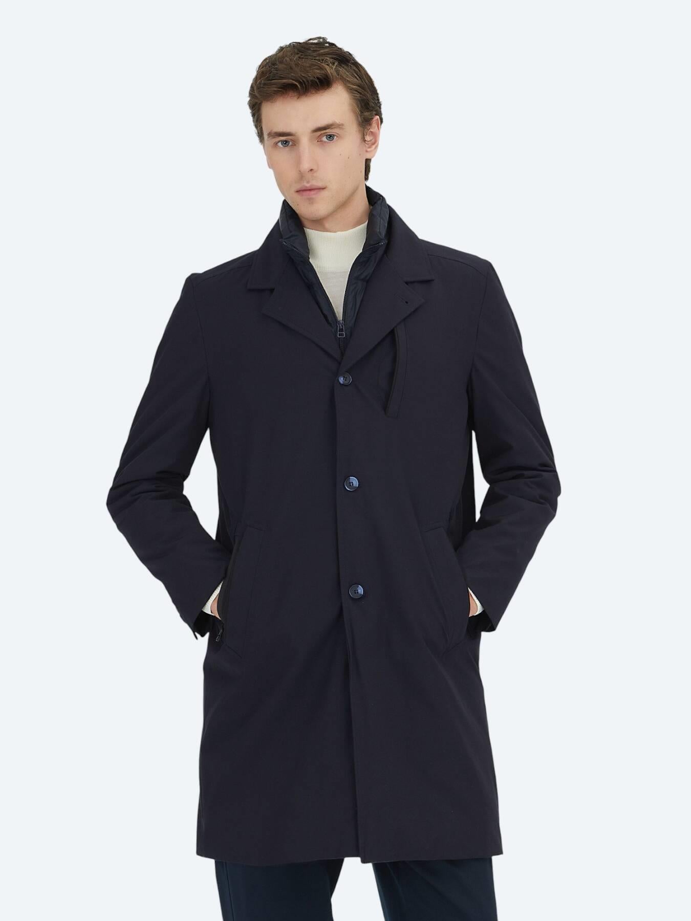 Lacivert Regular Fit Kruvaze Yaka Casual Dokuma Pardösü