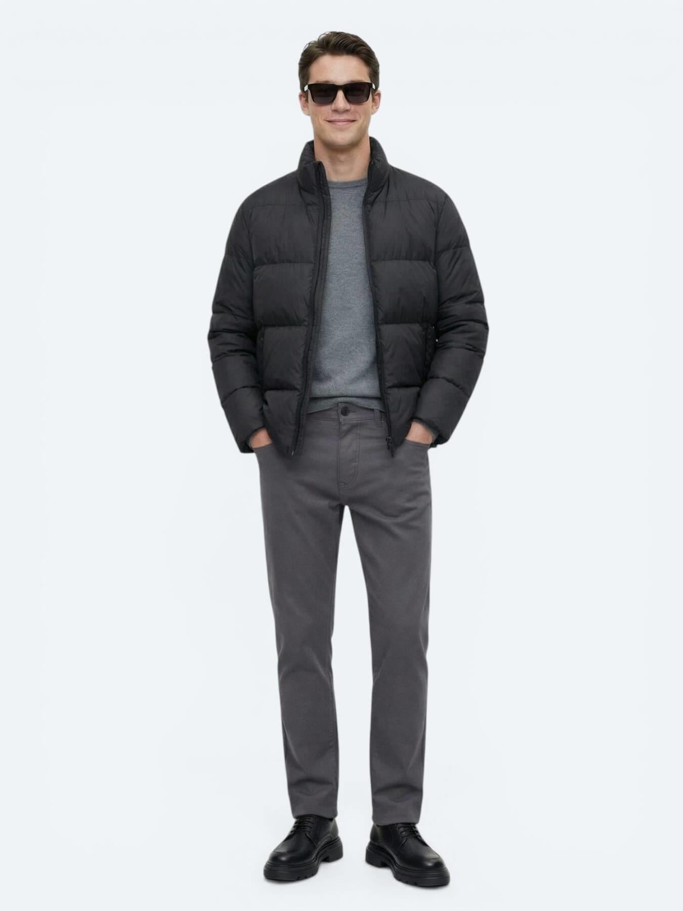 Siyah Regular Fit Dik Yaka Casual Dokuma Mont