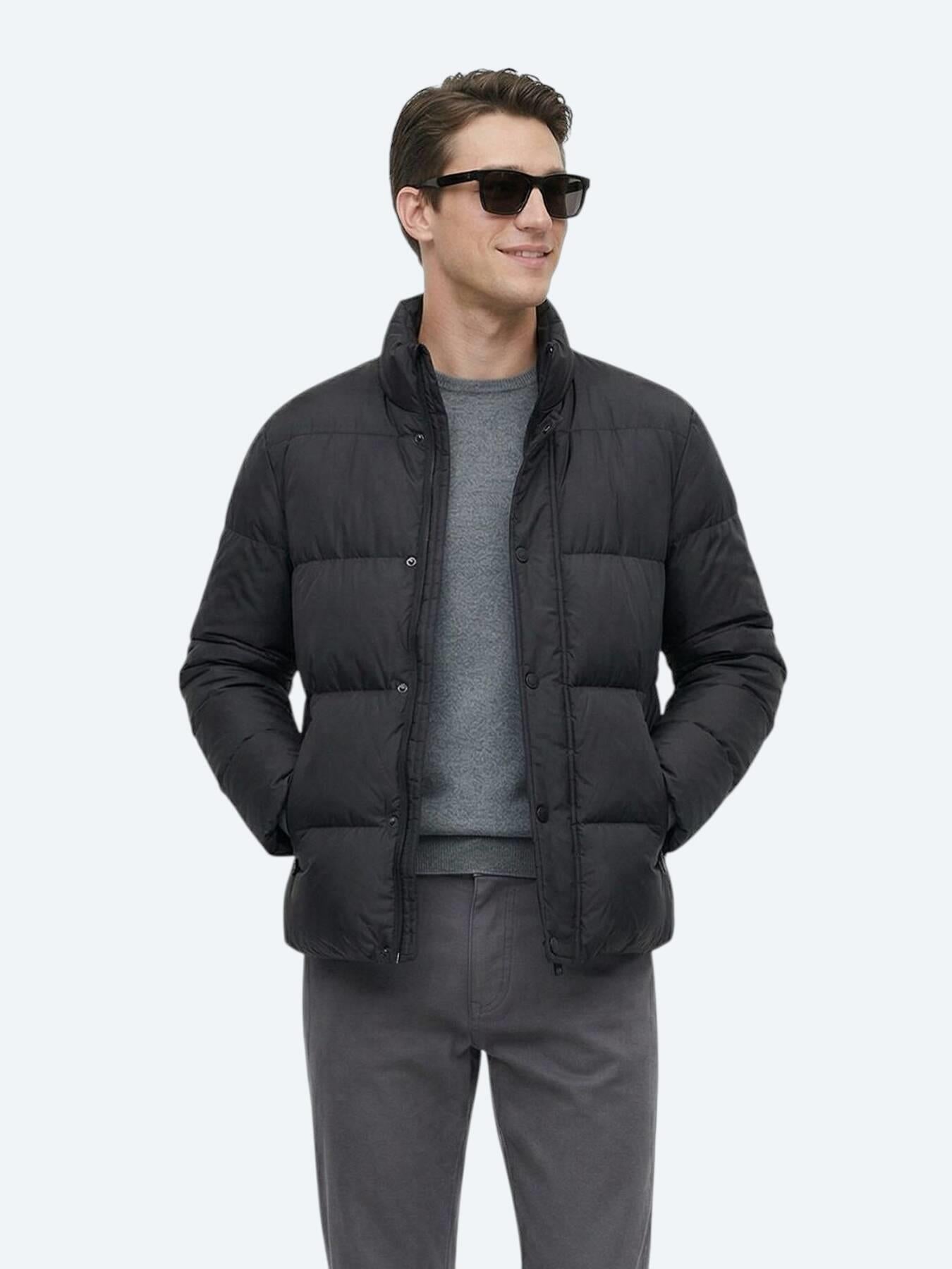 Siyah Regular Fit Dik Yaka Casual Dokuma Mont