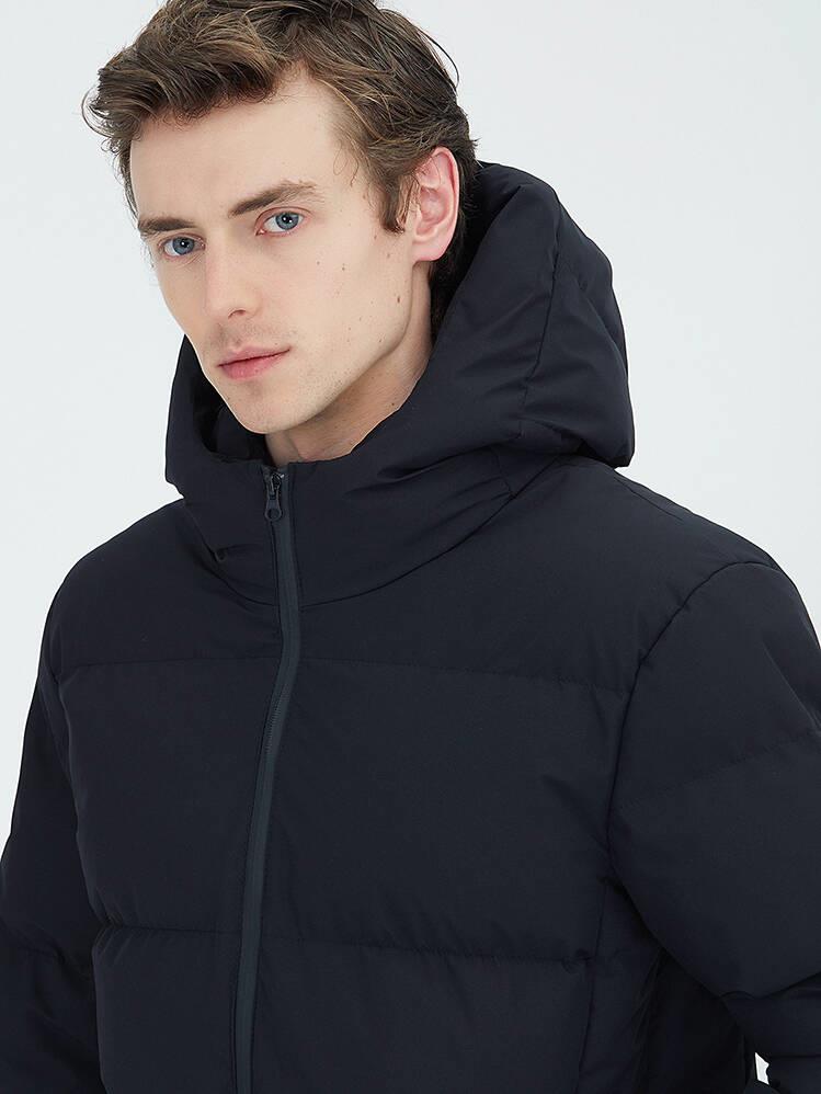 Siyah Regular Fit Kapüşonlu Casual Dokuma Mont