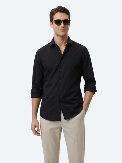 Siyah Düz Slim Fit Uzun Dokuma Klasik Pamuk Karışımlı Gömlek