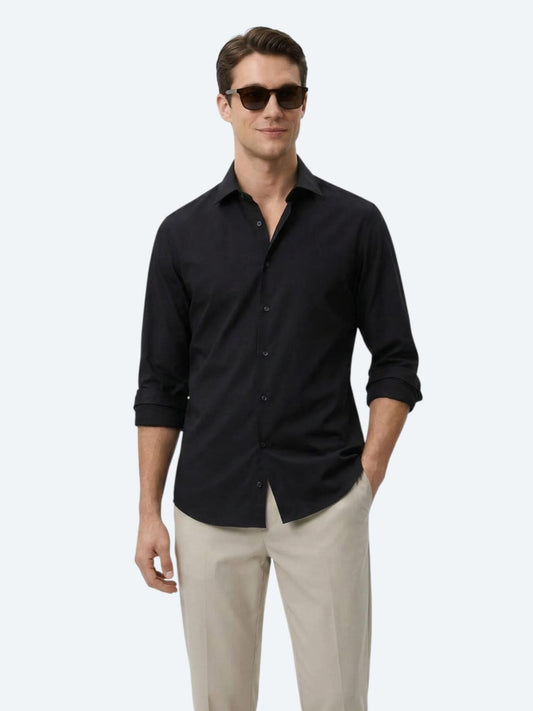 Siyah Düz Slim Fit Uzun Dokuma Klasik Pamuk Karışımlı Gömlek