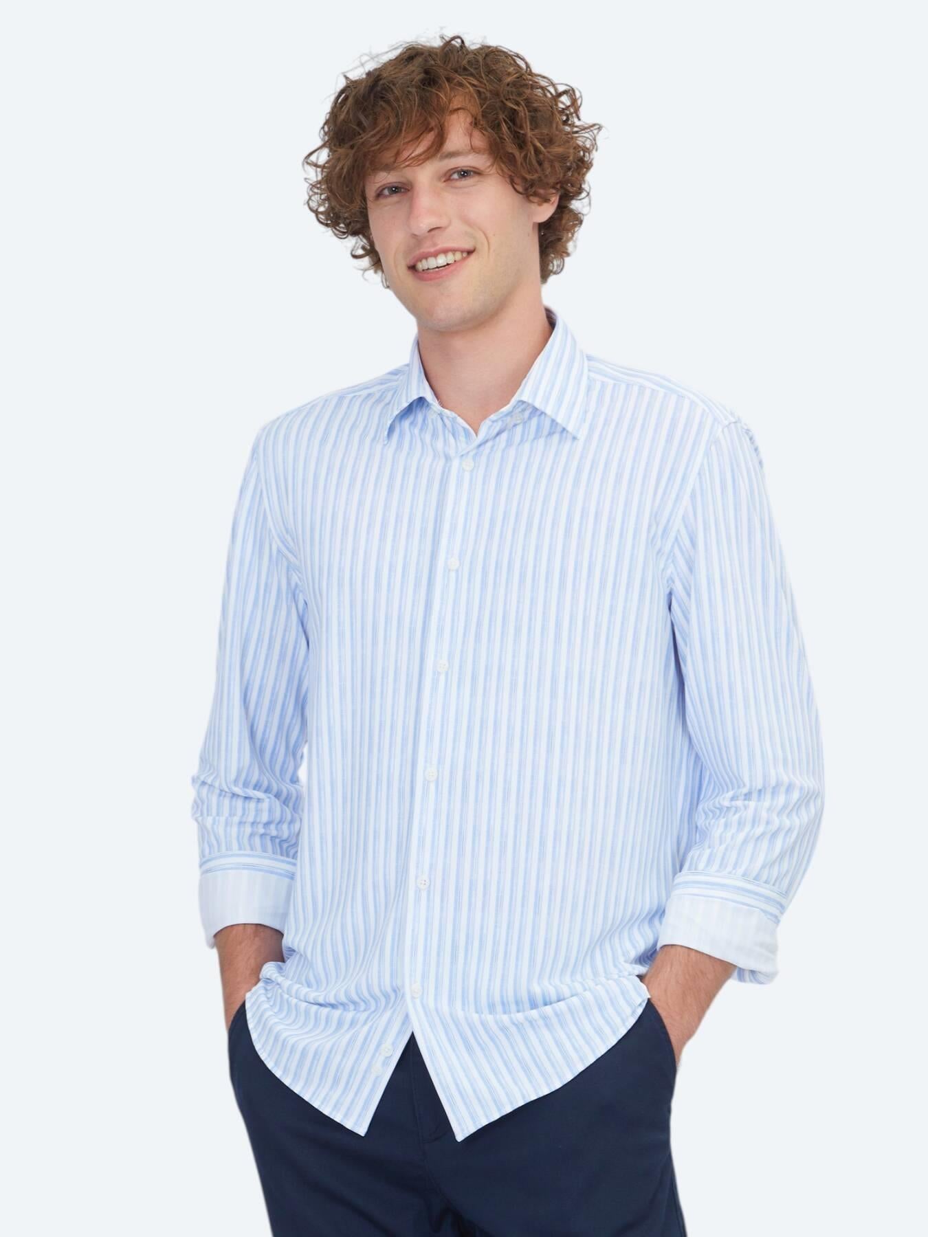 Açık Mavi Çizgili Regular Fit Uzun Casual Gömlek