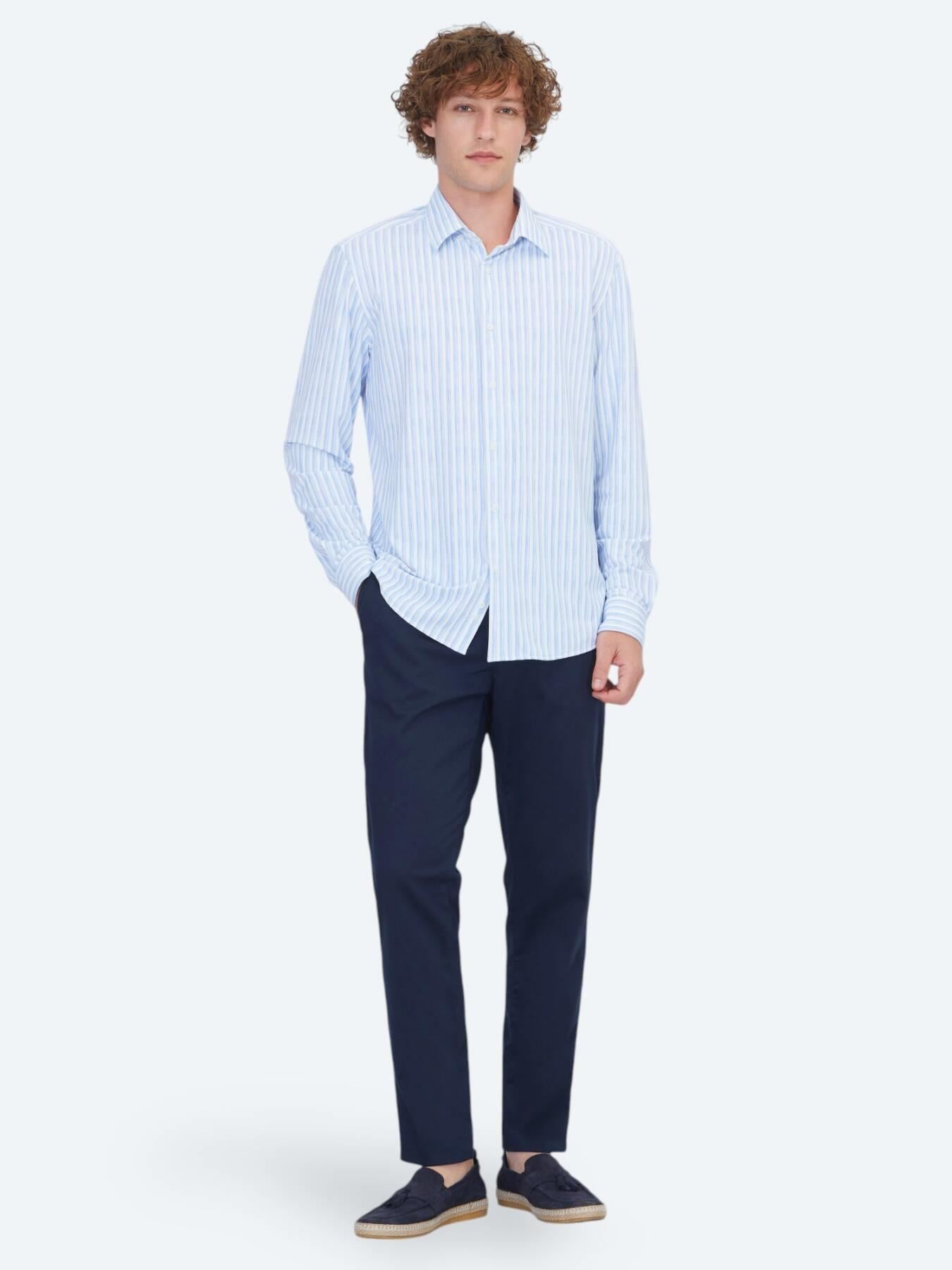 Açık Mavi Çizgili Regular Fit Uzun Casual Gömlek