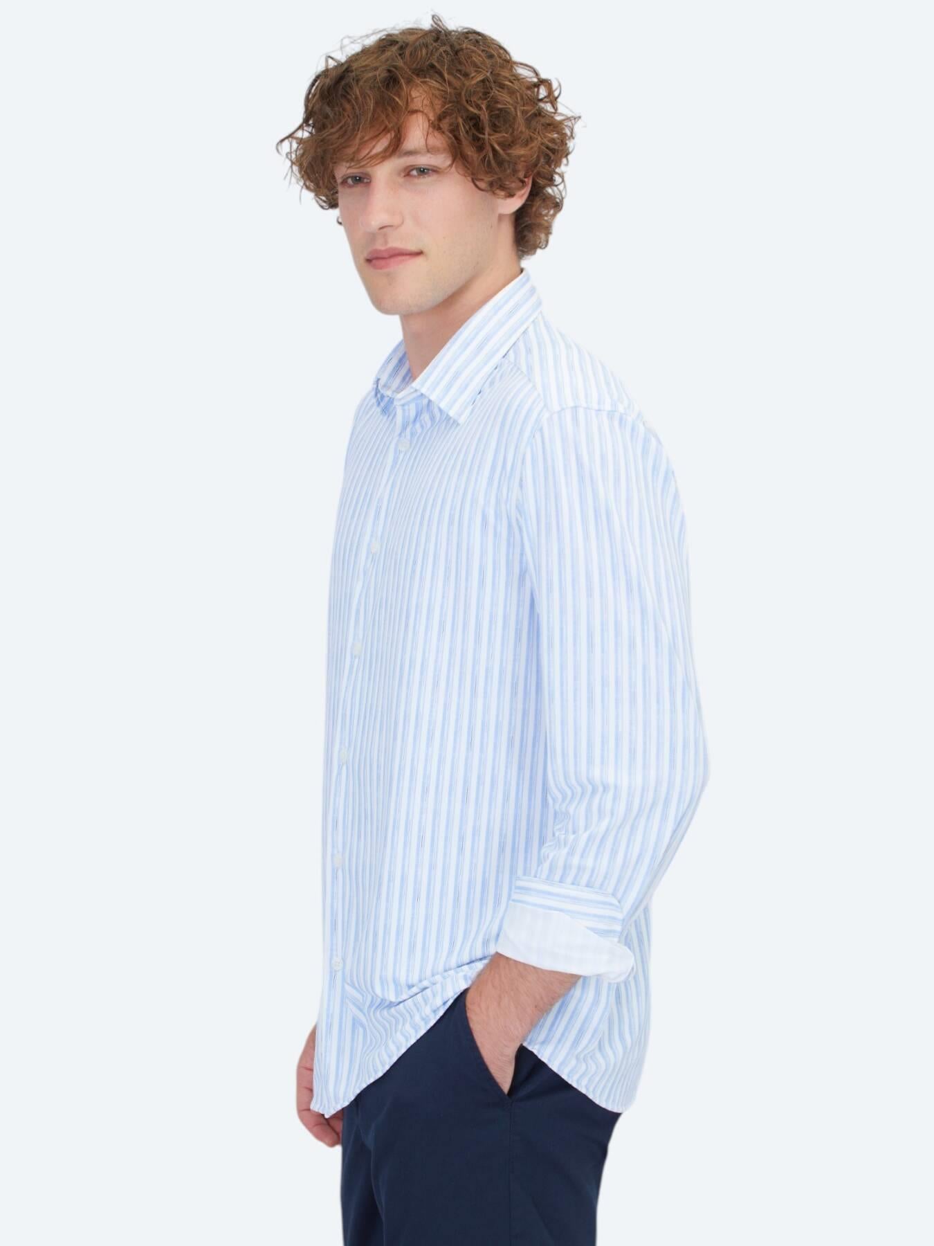 Açık Mavi Çizgili Regular Fit Uzun Casual Gömlek