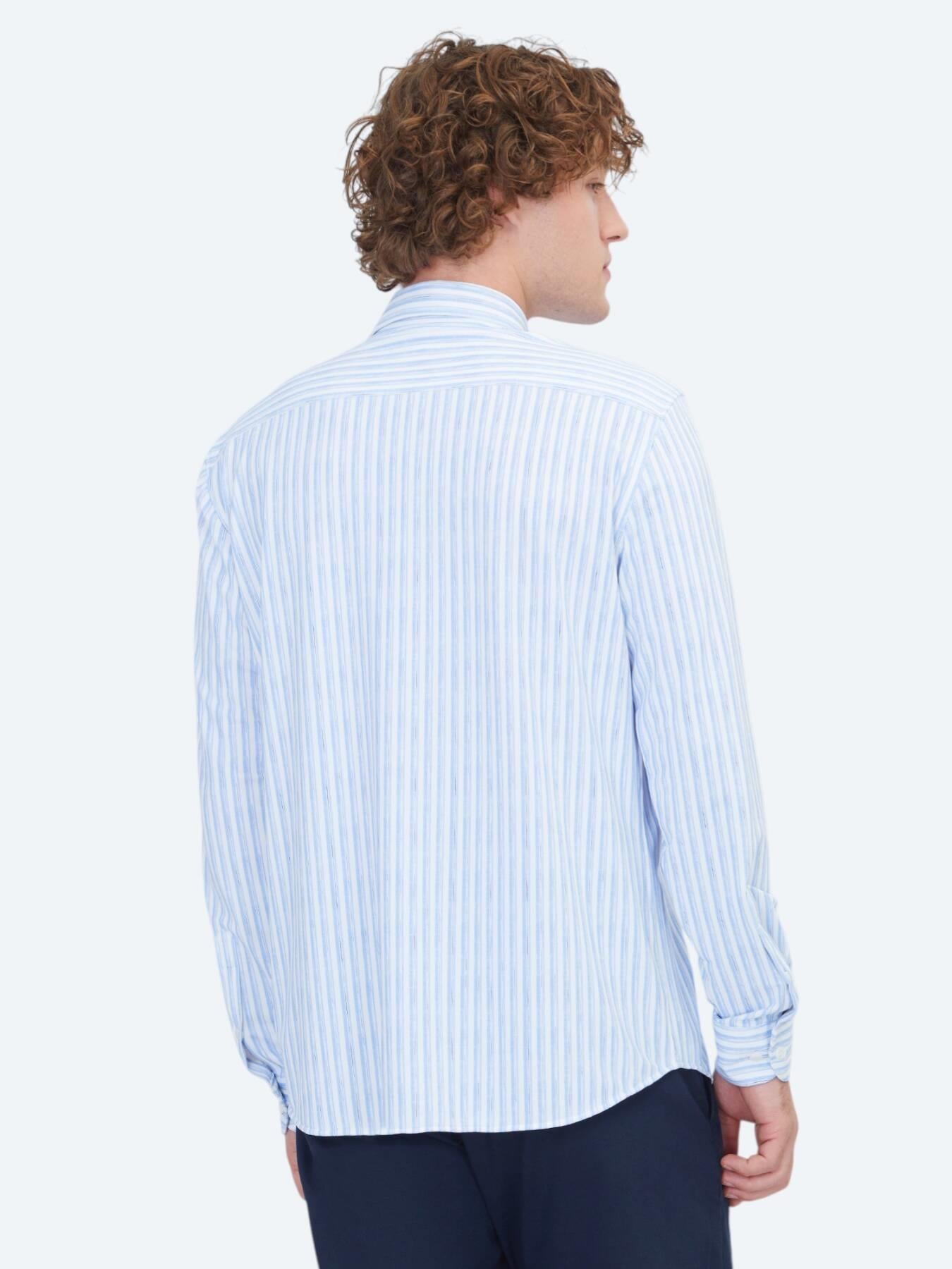 Açık Mavi Çizgili Regular Fit Uzun Casual Gömlek