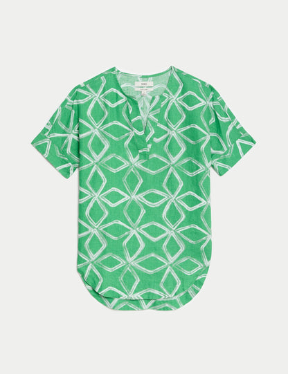 Kısa Kollu Desenli Saf Keten Popover Bluz