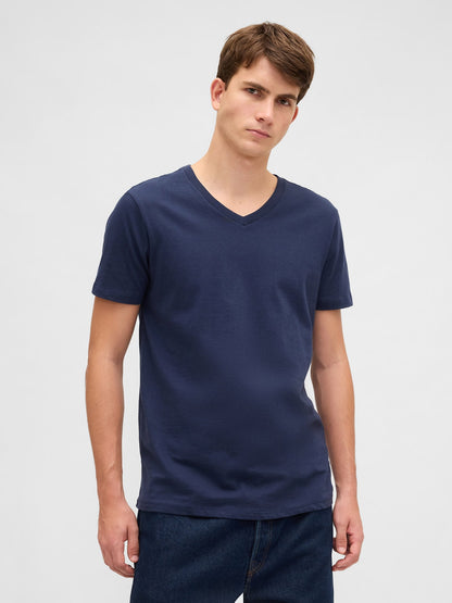 Lacivert Pamuklu Jersey V Yaka T-shirt