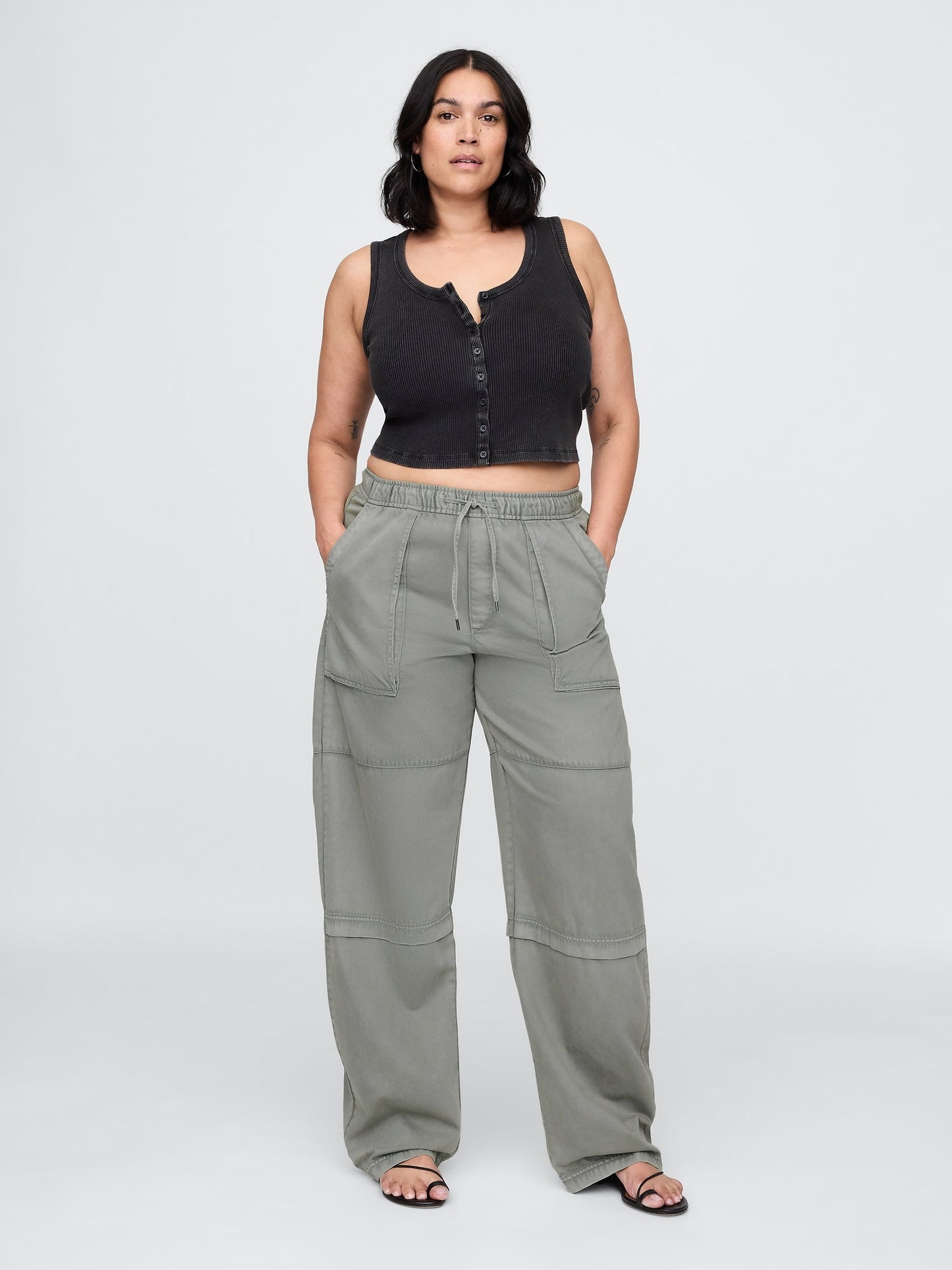 Haki Mid Rise Easy Utility Barrel Pantolon