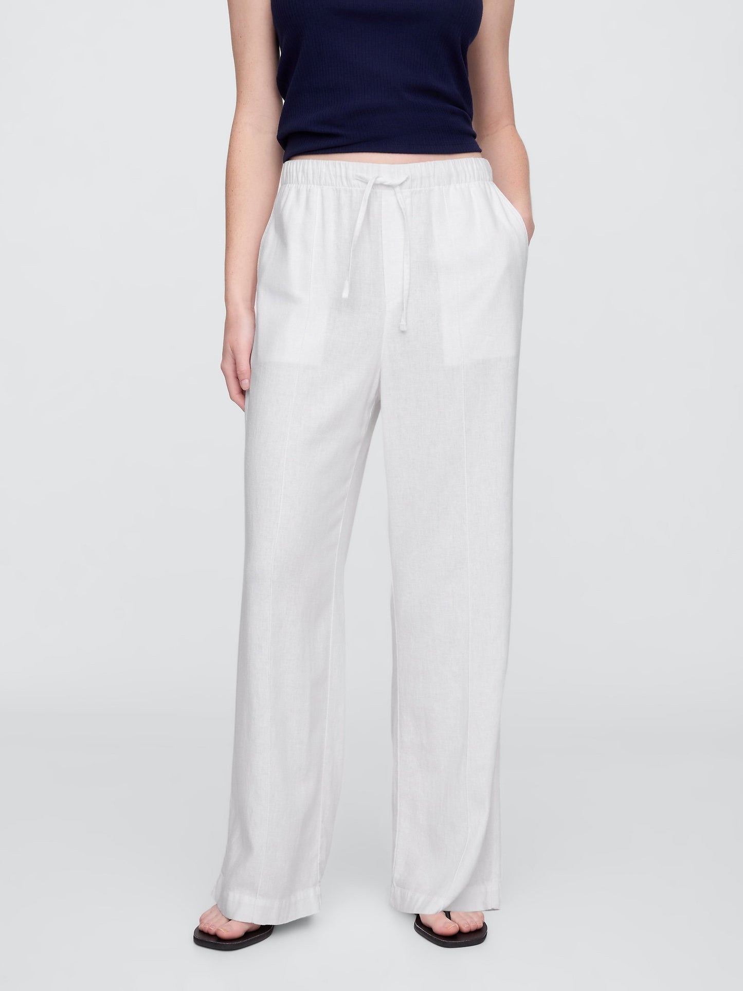 Beyaz Mid Rise Keten Karışımlı Pull-on Wide-leg Pantolon