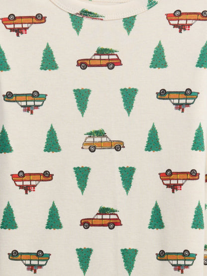 Kırık Beyaz %100 Organik Pamuk X-mas Tree Baskılı Pijama Takımı