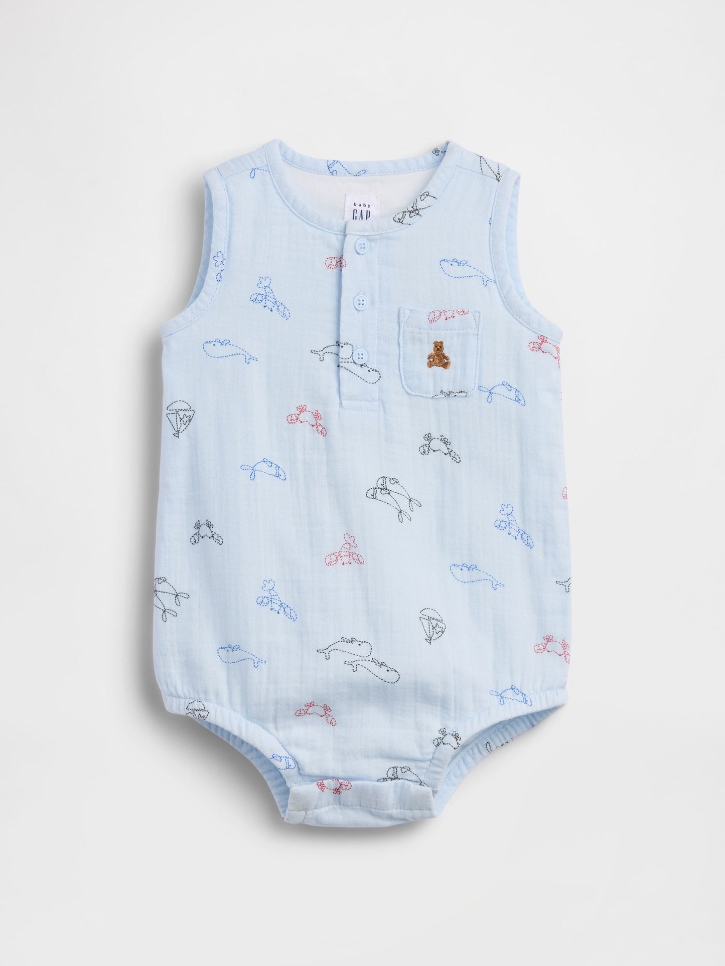 Mavi Pamuk Gauze Henley Cepli Kolsuz Bodysuit