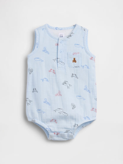 Mavi Pamuk Gauze Henley Cepli Kolsuz Bodysuit