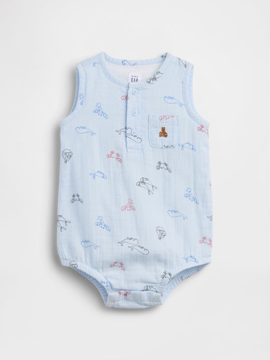 Mavi Pamuk Gauze Henley Cepli Kolsuz Bodysuit