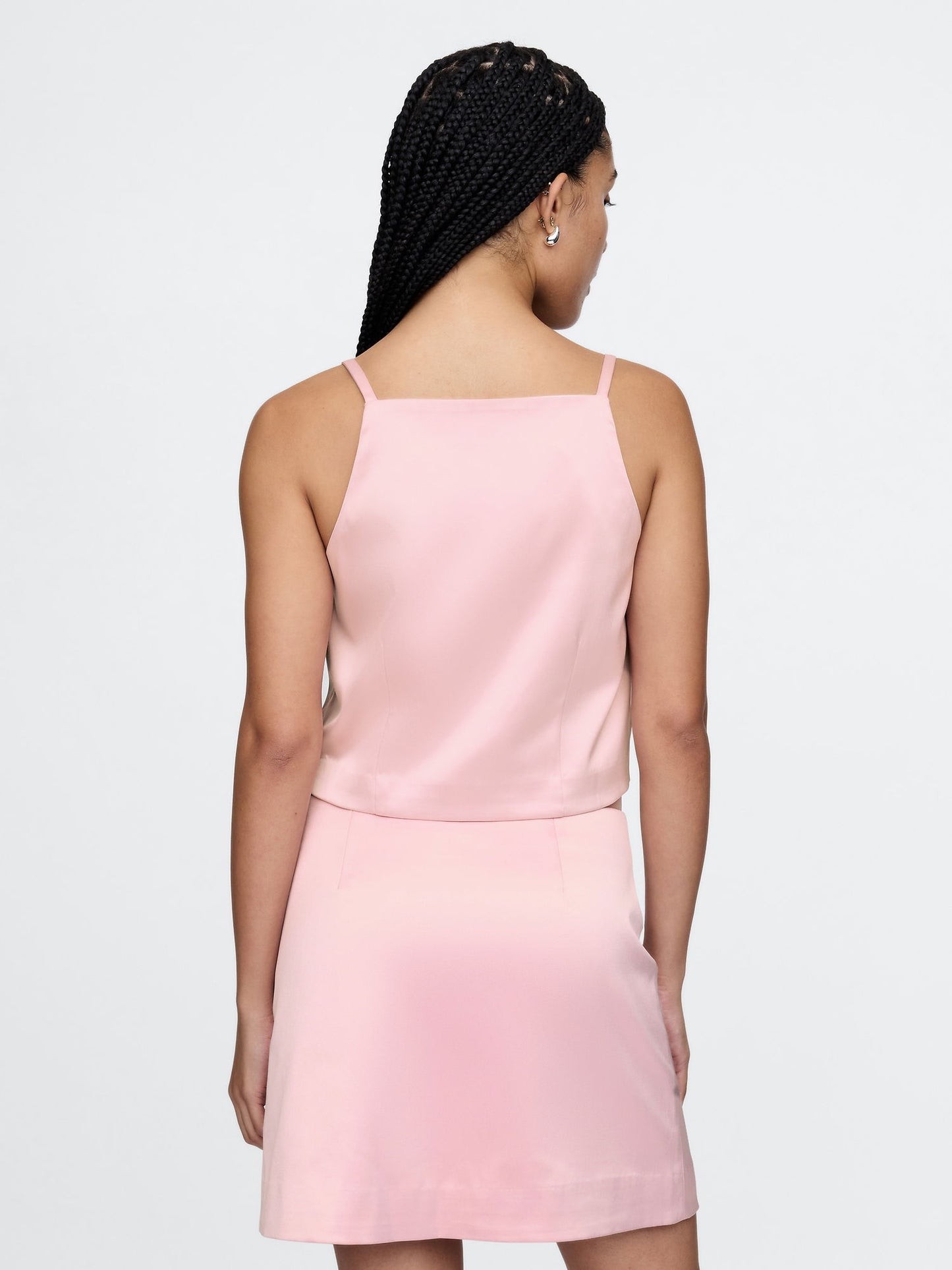 Pembe Kare Yaka Saten Bluz