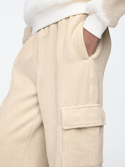 Bej Wide-leg Kadife Pull-on Kargo Pantolon