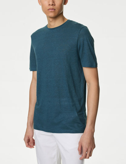 Kısa Kollu Saf Keten T-shirt