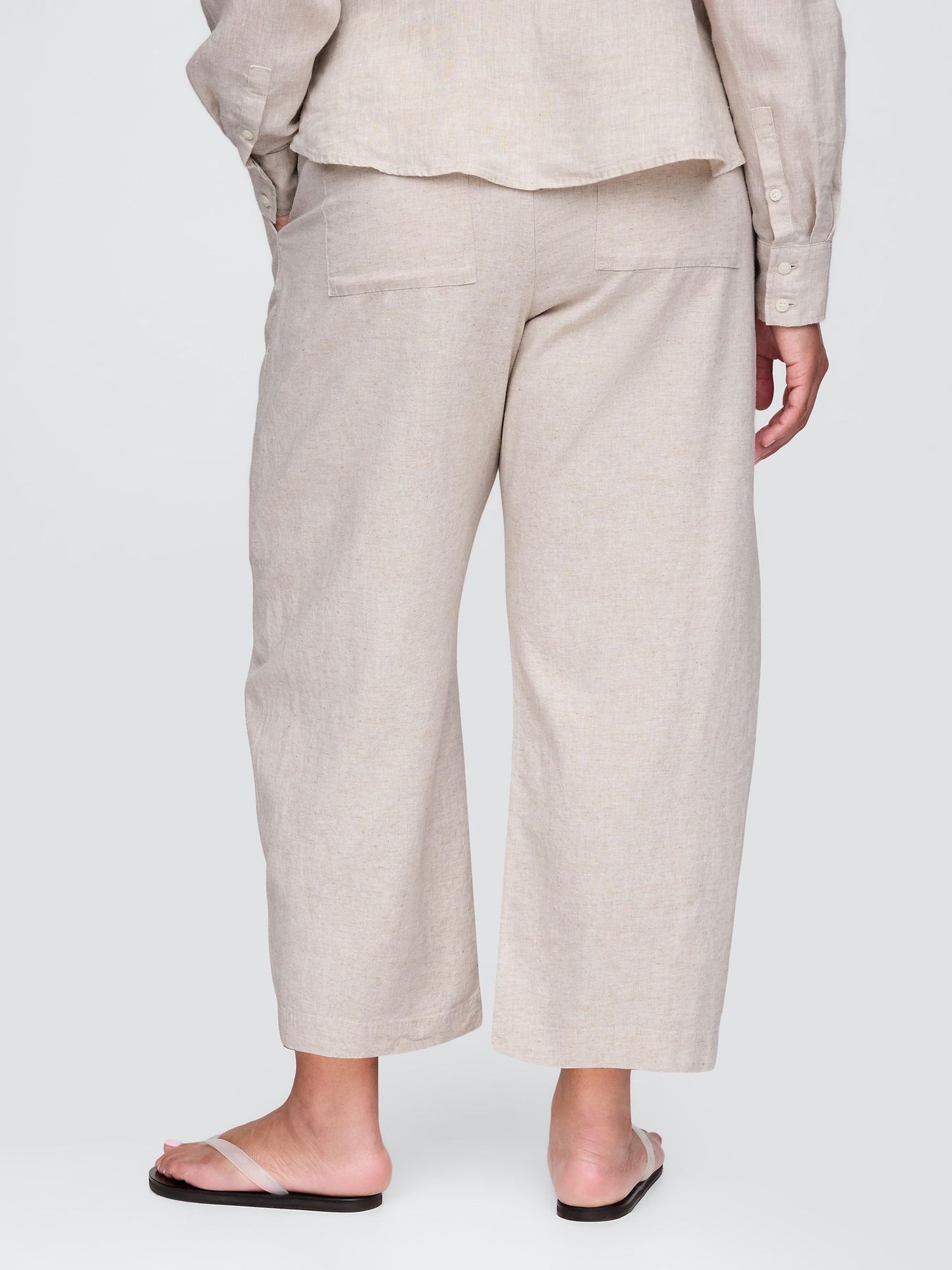 Bej Mid Rise Keten Karışımlı Barrel Pantolon