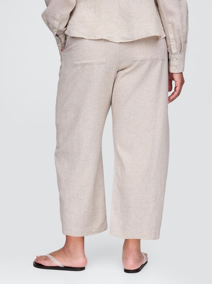 Bej Mid Rise Keten Karışımlı Barrel Pantolon