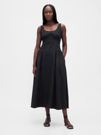 Siyah Keten Karışımı Shirred Maxi Elbise