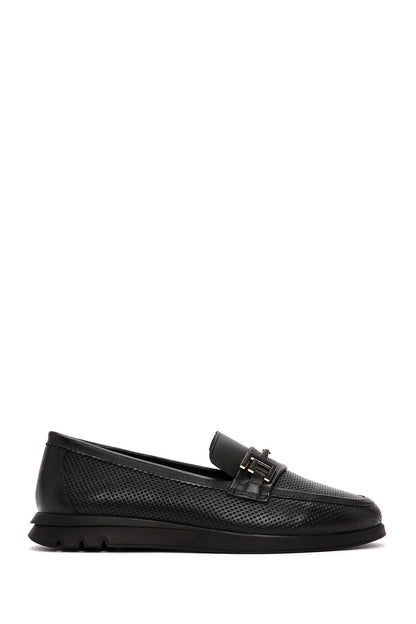 Kadın Siyah Tokalı Deri Comfort Loafer