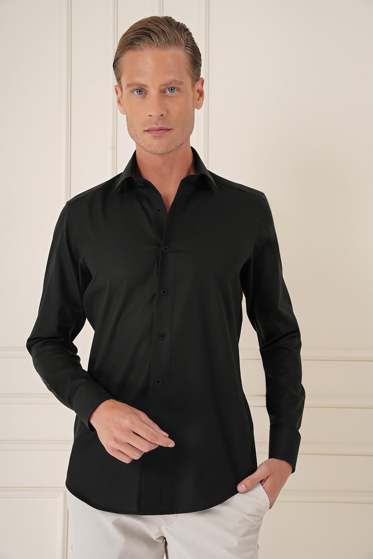 Gk 735 Slim Fit Siyah Klasik Gömlek