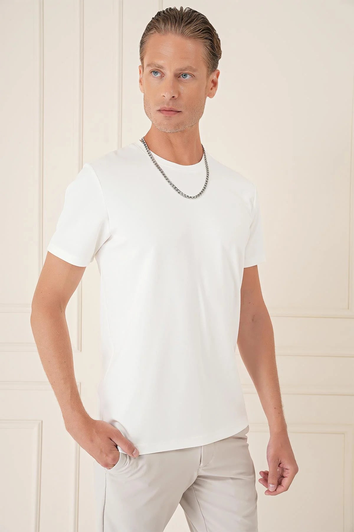 Ts 885 Slim Fit Ekru Spor T-shirt