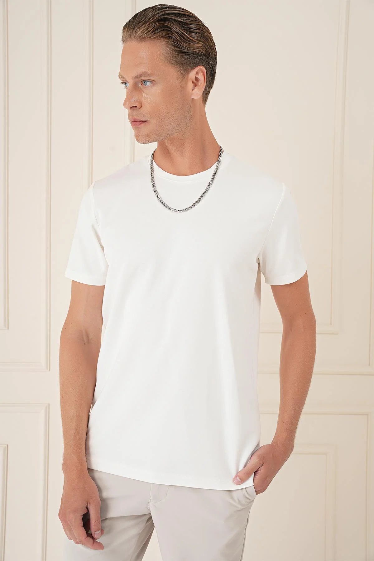 Ts 885 Slim Fit Ekru Spor T-shirt
